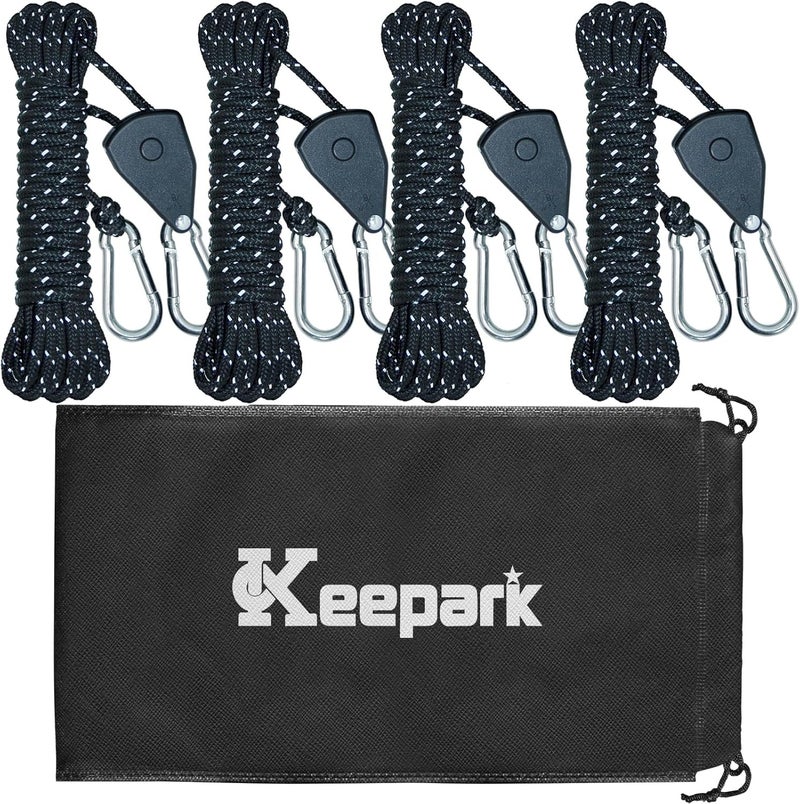 Keepark Camping Rope Tarp Tie Down Ropes with Ratchet System, Pulley & Reinforced Metal Gear - Heavy Duty Adjustable Guy Lines for Canopy Tent, Quick Setup Outdoor Strap (1/6-Inch Diameter x 16 Feet Long) - Image 1